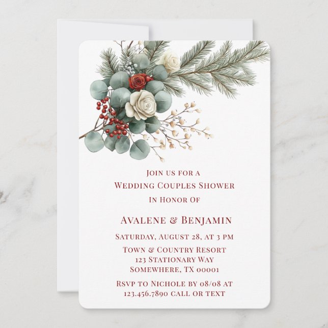 Invitación Ducha Boda de la pareja de rosa blanco rojo floral (Anverso)