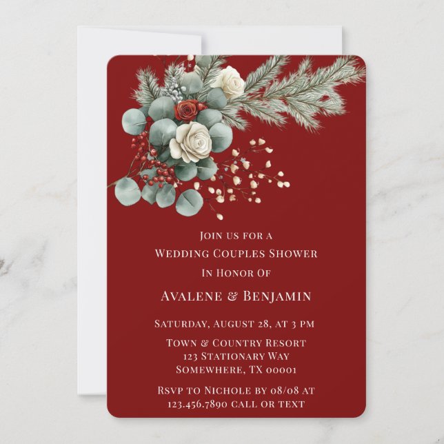 Invitación Ducha Boda de la pareja de rosa blanco rojo floral (Anverso)