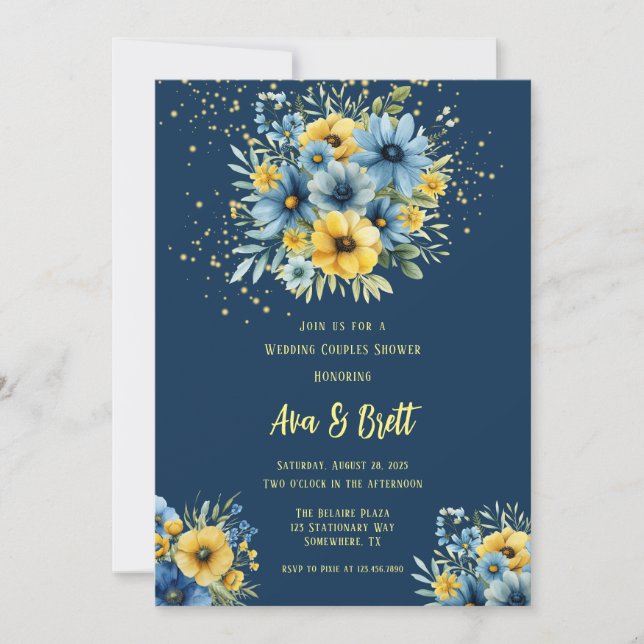 Invitación Ducha Boda de pareja floral dorada amarillo azul d (Anverso)
