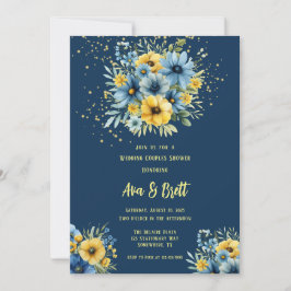 Invitación Ducha Boda de pareja floral dorada amarillo azul d