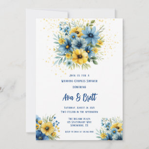 Invitación Ducha Boda de pareja floral dorada amarillo azul d