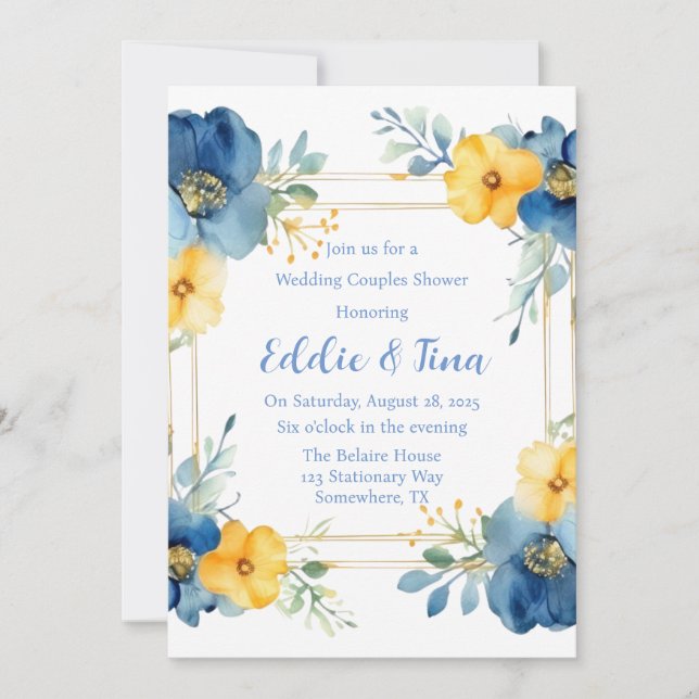 Invitación Ducha Boda de parejas amarillo azul (Anverso)