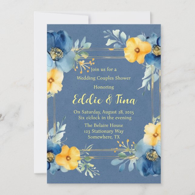 Invitación Ducha Boda de parejas amarillo azul (Anverso)