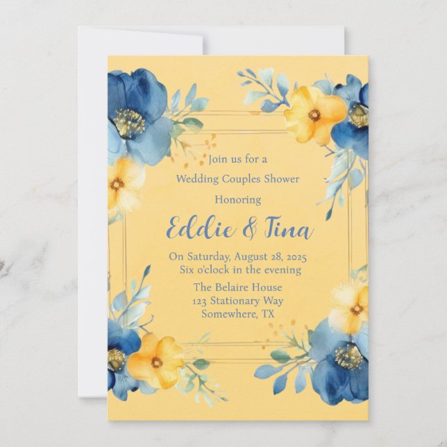 Invitación Ducha Boda de parejas amarillo azul peony (Anverso)