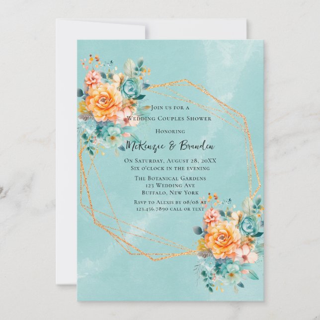 Invitación Ducha Boda de peones turquesa y Naranja (Anverso)