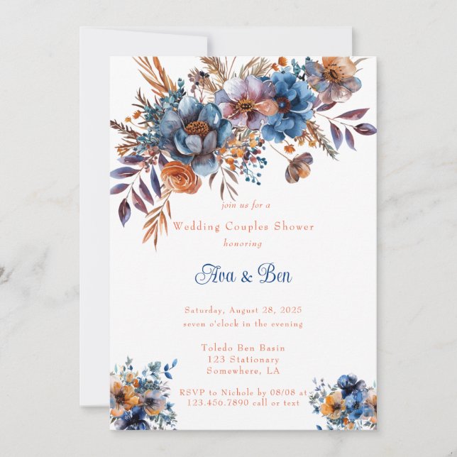 Invitación Ducha Boda floral azul y Naranja (Anverso)