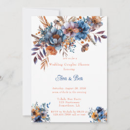 Invitación Ducha Boda floral azul y Naranja