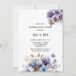 Invitación Ducha Boda Floral Pintada Azul Púrpura