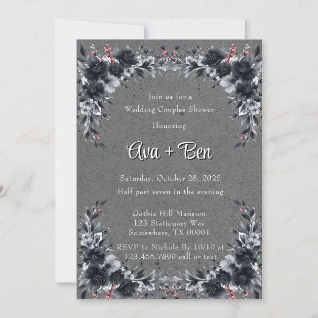 Invitación Ducha Boda gótica floral negra (Anverso)