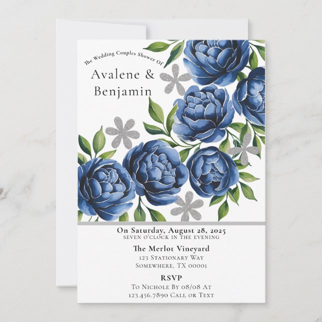 Invitación Ducha Boda Royal Blue and Silver Peony (Anverso)