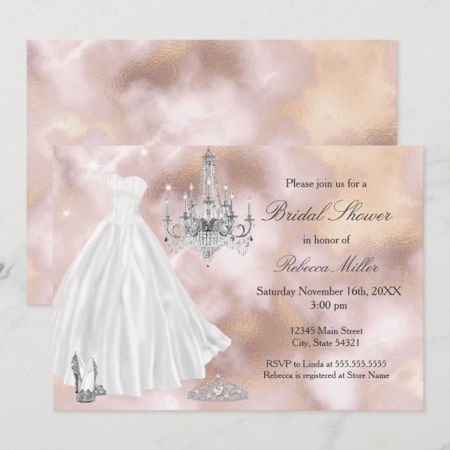 Invitación Ducha Boda vestido color beige mármol blanco (Anverso / Reverso)