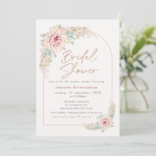 Invitación Ducha Bohemio Rosa Cactus Rosa Oro Boda (Anverso de pie)