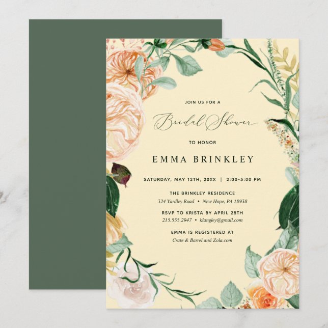 Invitación Ducha Boho Boho Floral Pastel Amarillo Bridal (Anverso / Reverso)