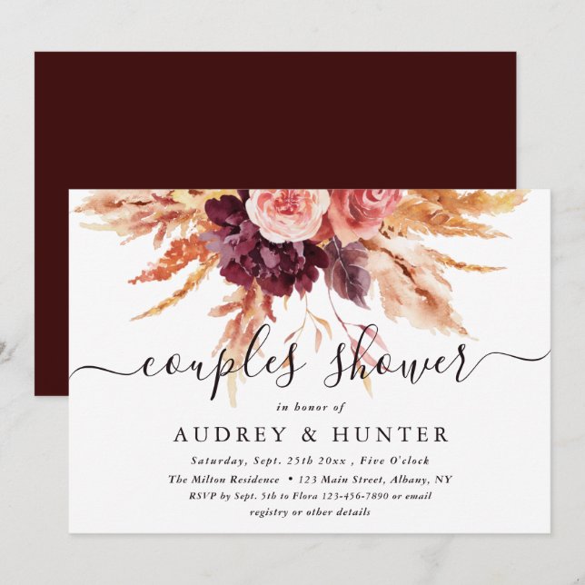 Invitación Ducha Boho Burgundy Terracotta Floral Parejas  (Anverso / Reverso)