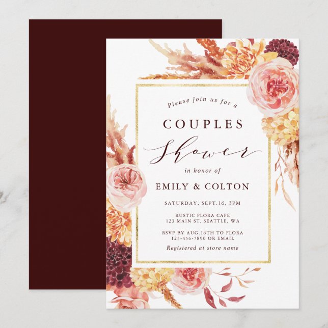 Invitación Ducha Boho Burgundy Terracotta Floral Parejas (Anverso / Reverso)