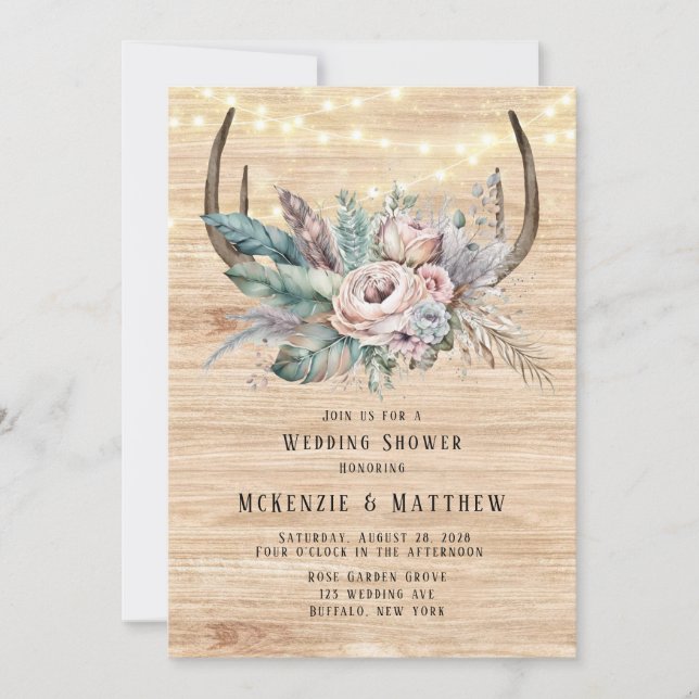 Invitación Ducha Boho Deer Antler Floral Wedding (Anverso)