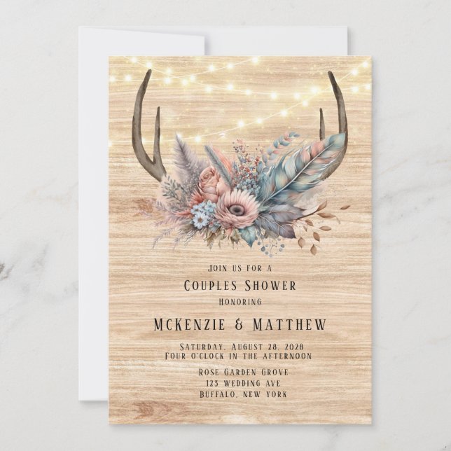 Invitación Ducha Boho Deer Antler Parejas Florales (Anverso)