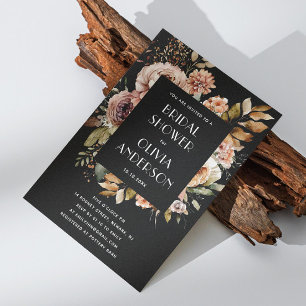 Invitación Ducha Boho Floral Bridal Rústica negra elegante