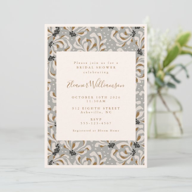 Invitación Ducha Boho Gray Botanical Moderno Única Bridal (Anverso de pie)