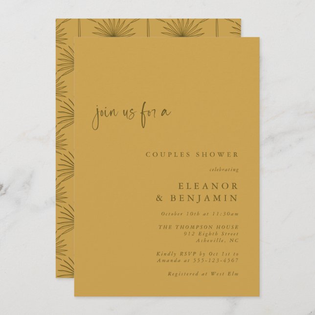 Invitación Ducha Boho Palm Leaf Parejas Amarillas Botánicas (Anverso / Reverso)