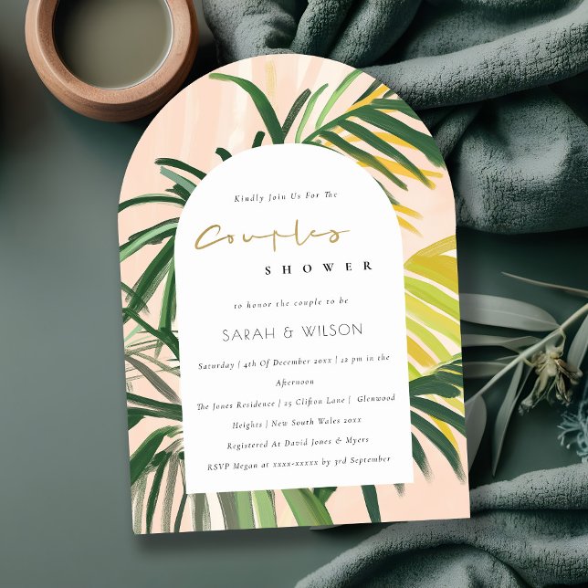 Invitación Ducha Boho Rubor Green Tropical Palm Couples (Subido por el creador)
