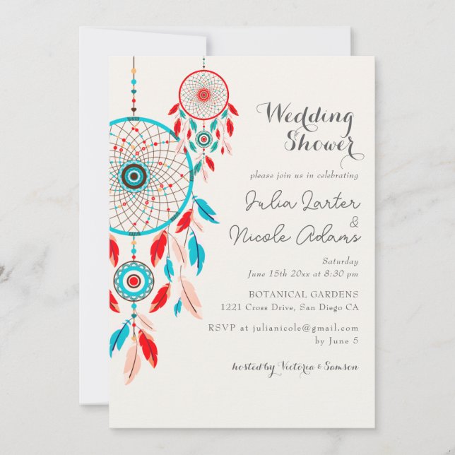 Invitación Ducha Boho Tribal de plumas Dreamcatcher Wedding (Anverso)