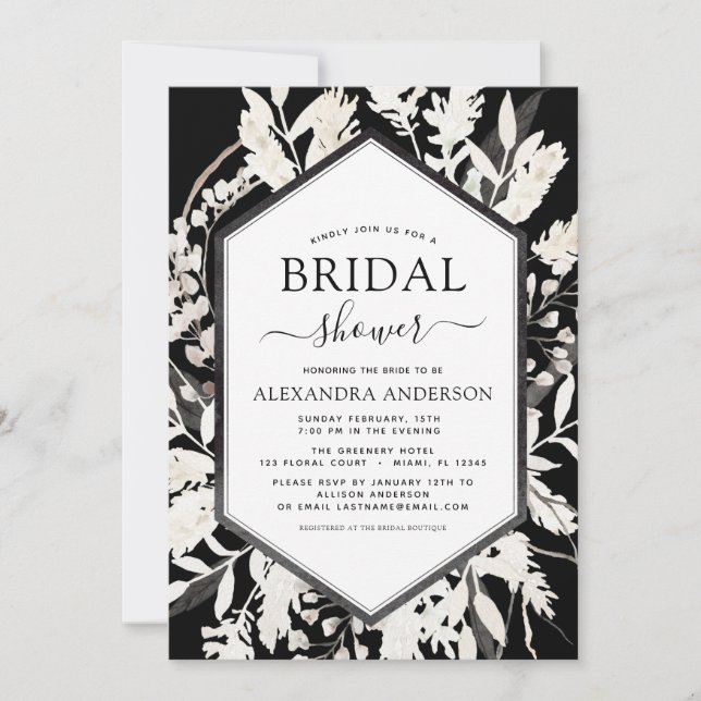 Invitación Ducha Botánica Bridal Boho Black Beige (Anverso)
