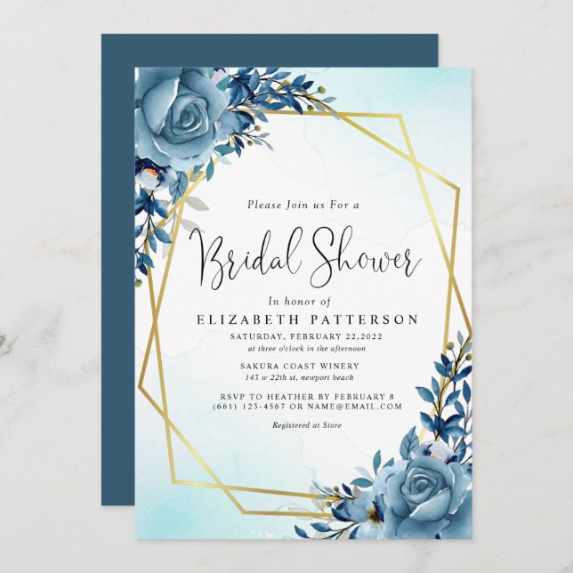 Invitación Ducha Botánica Bridal Dusty Azul Moderno (Anverso / Reverso)