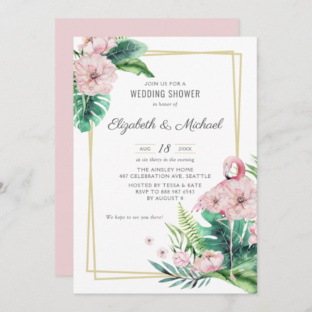 Invitación Ducha Botánica De Boda Floral De Flamingo Rosa (Anverso / Reverso)