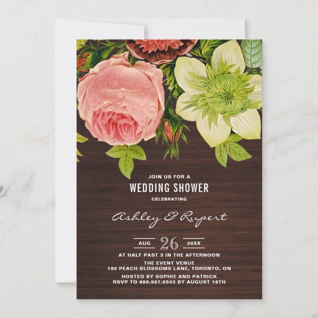 Invitación Ducha Botánica De Boda Rústica De Madera (Anverso)