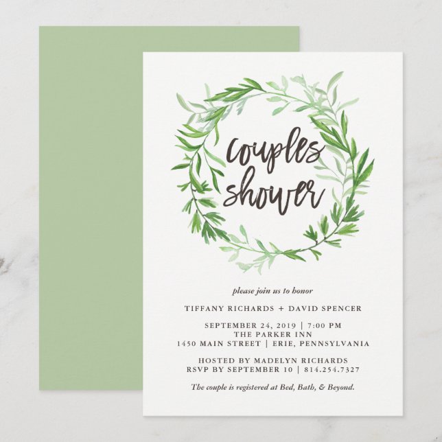 Invitación Ducha botánica verde de los pares de la guirnalda (Anverso / Reverso)