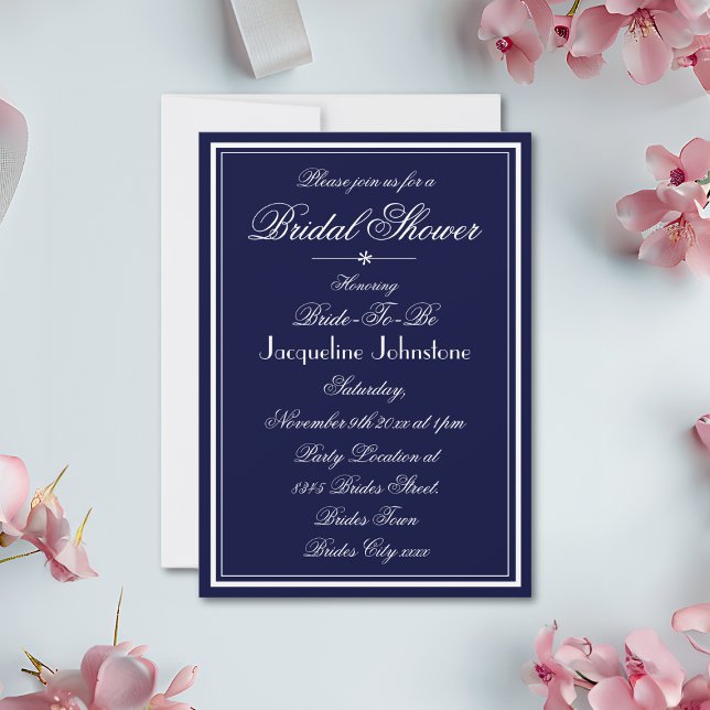 Invitación Ducha Bridal Azul Y Blanca De La Marina Clásica El (Simple, Elegant, Navy Blue and White Bridal Shower Invitation.)