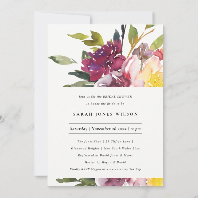 INVITACIÓN DUCHA BRIDAL BURGUNDY FLORAL DE RUBOR AMARILLO BLA (Anverso)