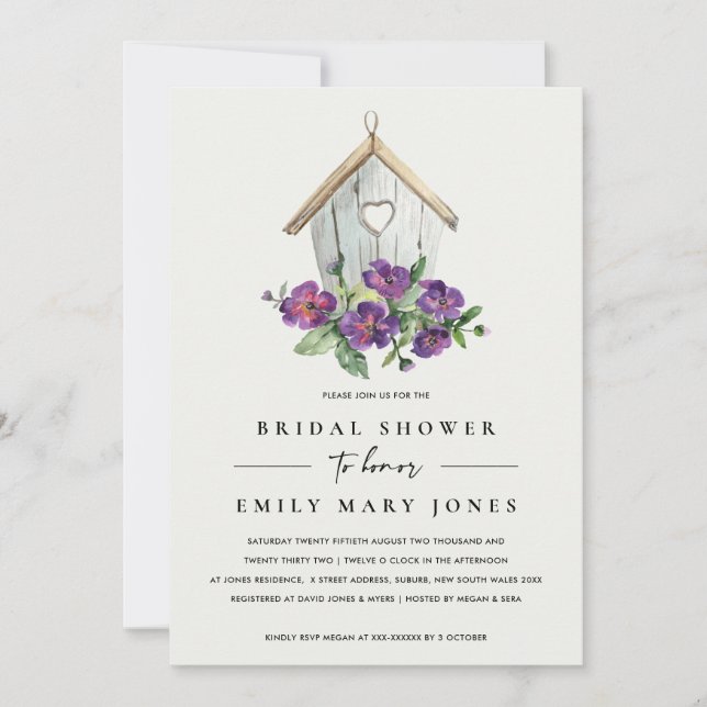 INVITACIÓN DUCHA BRIDAL DE BIRDHOUSE RÚSTICO BLANCO BOHO (Anverso)