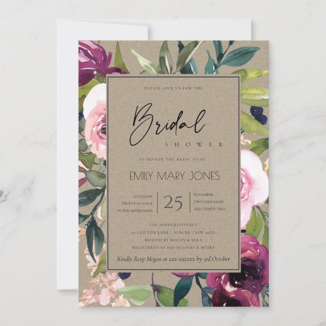 INVITACIÓN DUCHA BRIDAL DE BURGUNDY FLORAL BUNCH DE RUBOR DE  (Anverso)