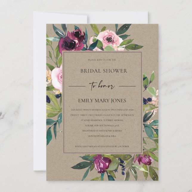 INVITACIÓN DUCHA BRIDAL DE BURGUNDY FLORAL BUNCH DE RUBOR DE  (Anverso)