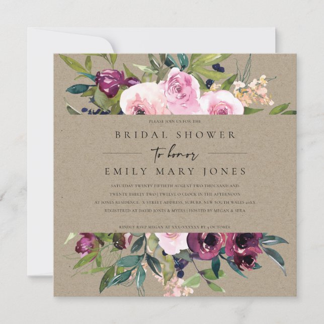 INVITACIÓN DUCHA BRIDAL DE BURGUNDY FLORAL BUNCH DE RUBOR DE  (Anverso)