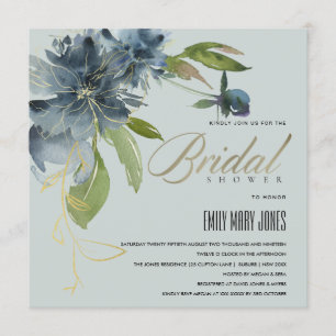 INVITACIÓN DUCHA BRIDAL DE COLOR DE AGUA AZUL GRIS ORO FLORAL