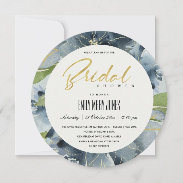 INVITACIÓN DUCHA BRIDAL DE COLOR DE AGUA GRIS AZUL (Anverso)