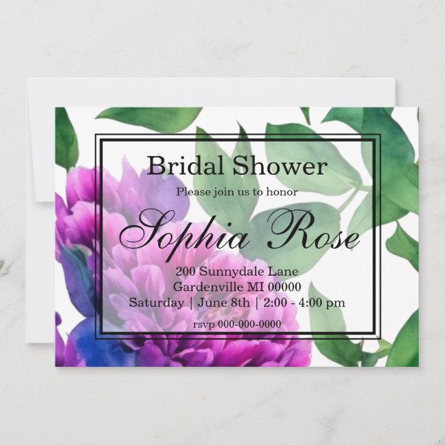 Invitación DUCHA BRIDAL de color rosa morado romántico (Anverso)