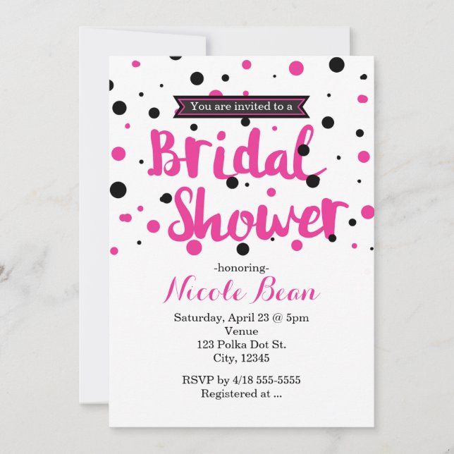 Invitación DUCHA BRIDAL DE Dot de Polka negro y rosado calien (Anverso)