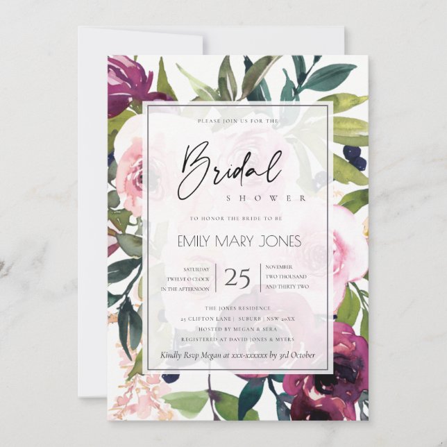 INVITACIÓN DUCHA BRIDAL DE FLORAL BUNCH DE RUBOR LUMINOSA (Anverso)