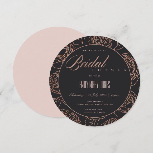 Invitación DUCHA BRIDAL DE FLORAL NEGRA Rubor PINK ROSE GOLD (Anverso / Reverso)