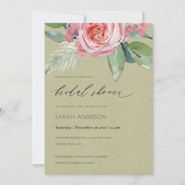 INVITACIÓN DUCHA BRIDAL DE FLORES DE COLOR DE AGUA ROSA (Anverso)