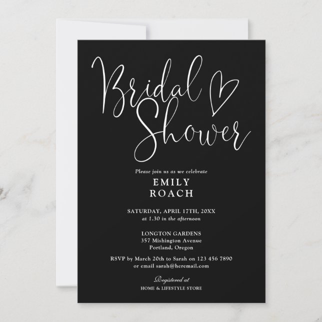 Invitación Ducha Bridal De Guión Elegante En Blanco Y Negro (Anverso)