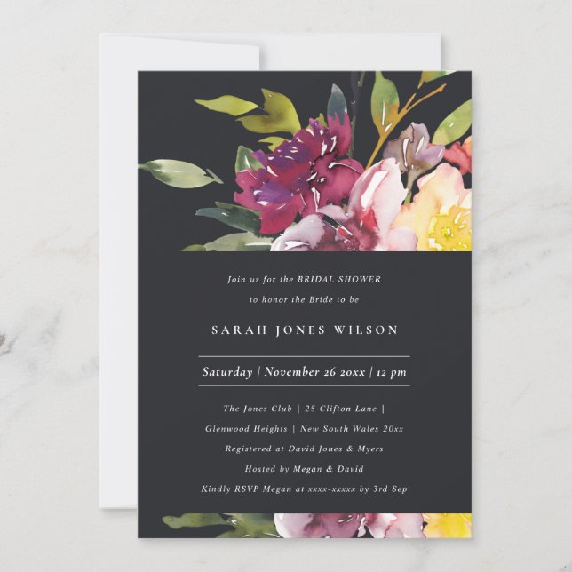 INVITACIÓN DUCHA BRIDAL DE LA FLORAL DE BURGUNDY RUBOR AMARIL (Anverso)