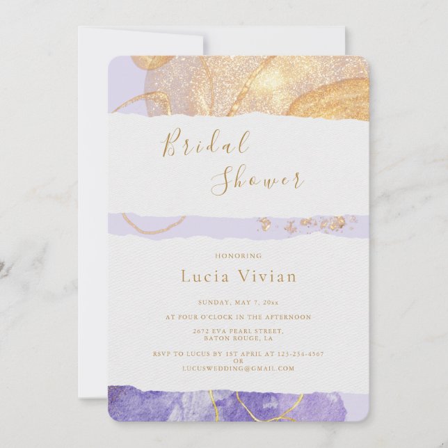 Invitación Ducha Bridal De Lujo Púrpura Y Dorada Abstract (Anverso)