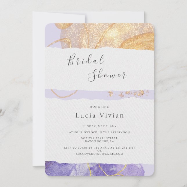 Invitación Ducha Bridal De Lujo Púrpura Y Dorada Abstract (Anverso)