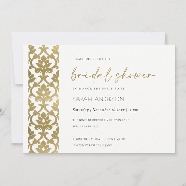 INVITACIÓN DUCHA BRIDAL DE PATRÓN FLORAL CLÁSICO DE ORO DAMAS (Anverso)