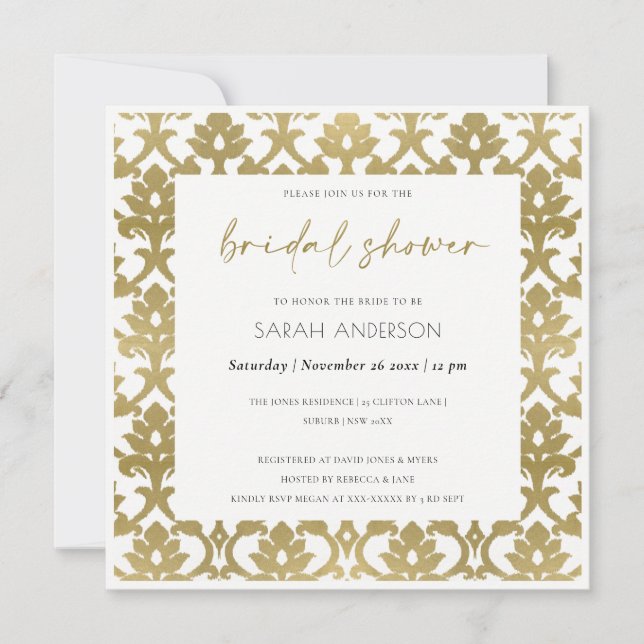 INVITACIÓN DUCHA BRIDAL DE PATRÓN FLORAL CLÁSICO DE ORO DAMAS (Anverso)